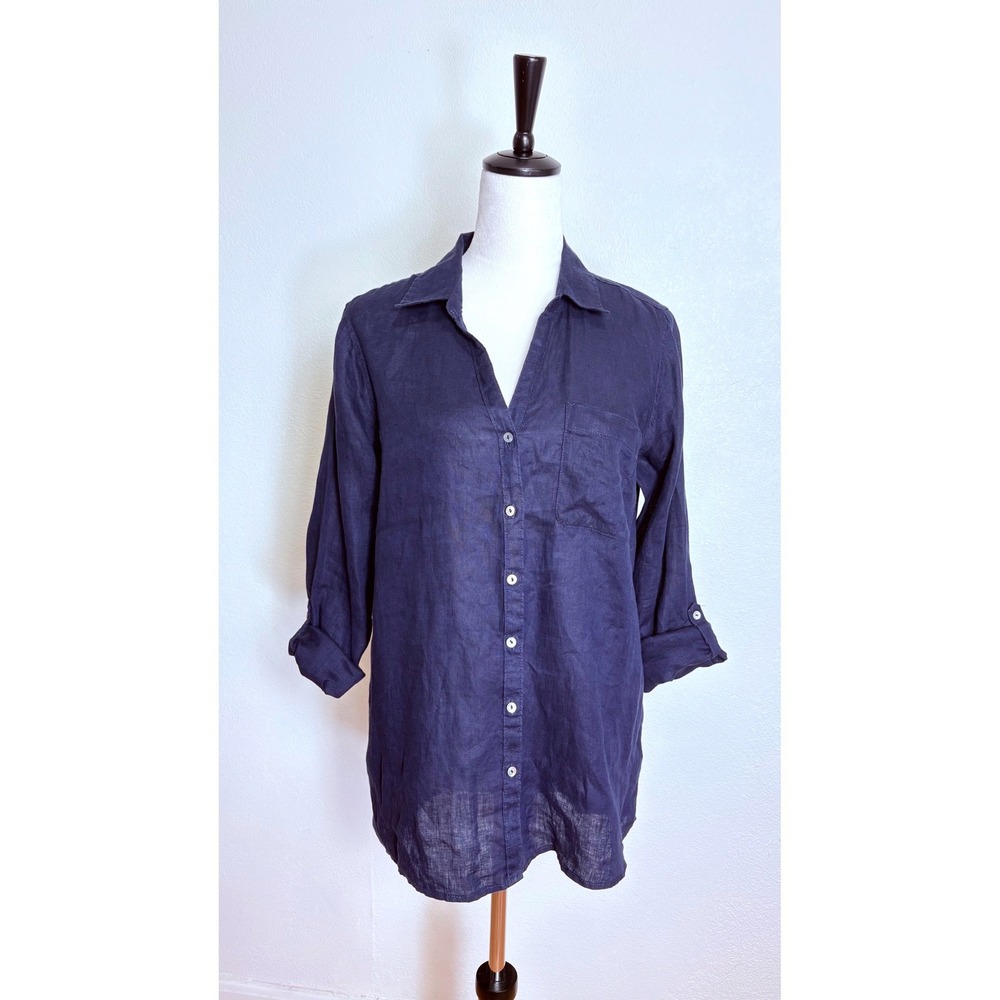 Sigrid Olsen 100% Linen Navy Blue 3/4 Sleeve Tunic Button Up Shirt Size Medium